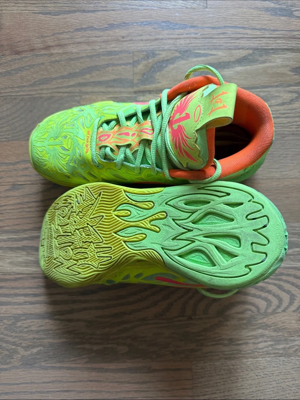 Puma x LaMelo Ball Kids Neon Green and Orange Basketball High-Top Sneakers